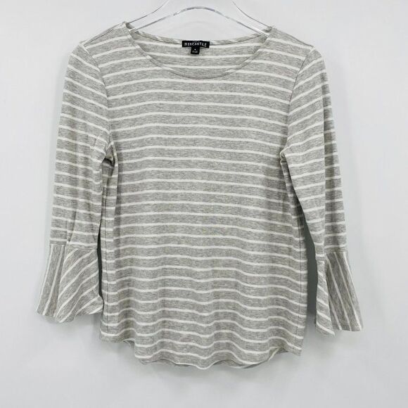 J. Crew Size Small Gray & White Striped 3/4 Bell Sleeve Knit Top - Picture 1 of 9